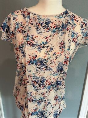 The Limited off-whiteFloral Print Short Sleeve Blouse w/Blue Accents Size Medium